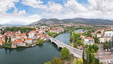 Aerial panorama view of the Trebinje city and Trebisnjica river, Republika Srpska, Bosnia and Herzegovina