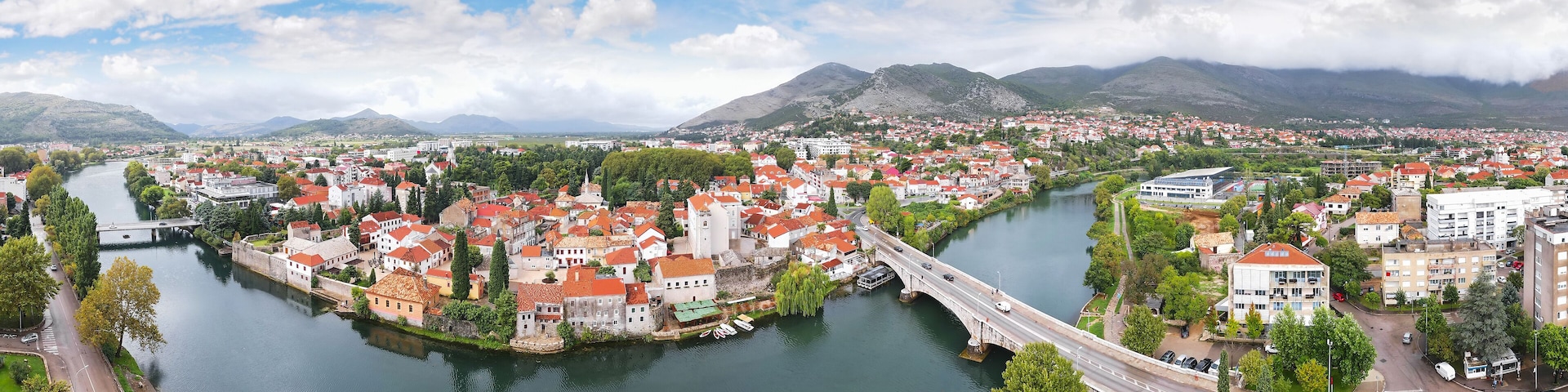 Aerial panorama view of the Trebinje city and Trebisnjica river, Republika Srpska, Bosnia and Herzegovina