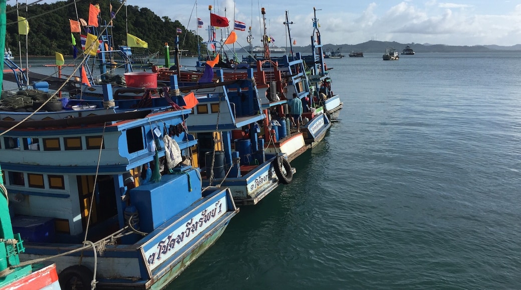 Fishing boats lined up at Ao Sapparot pier on Koh Chang island in Trat province of Thailand in a late morning.