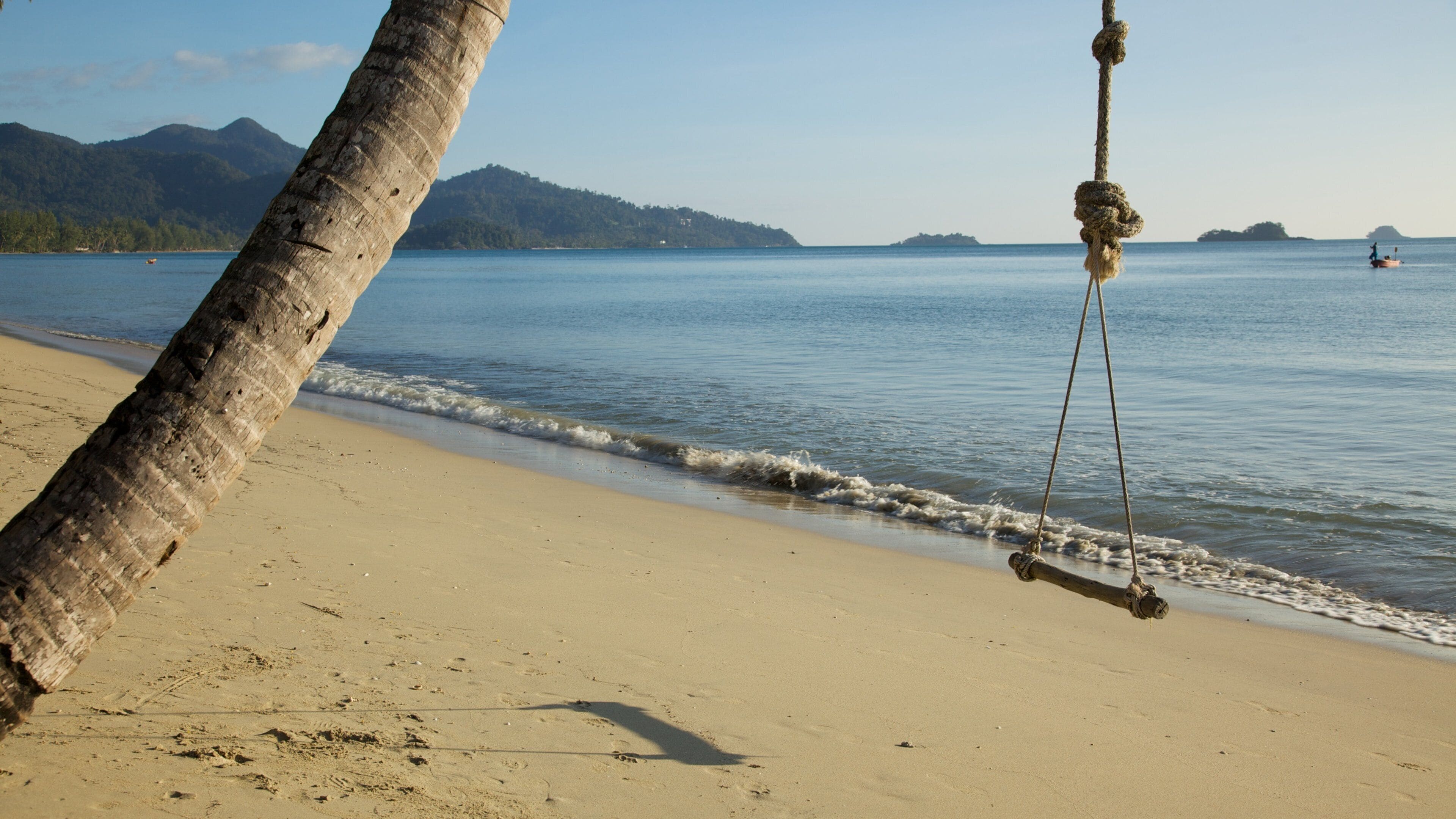 A beach with a rope swing, calm water, and distant mountains.