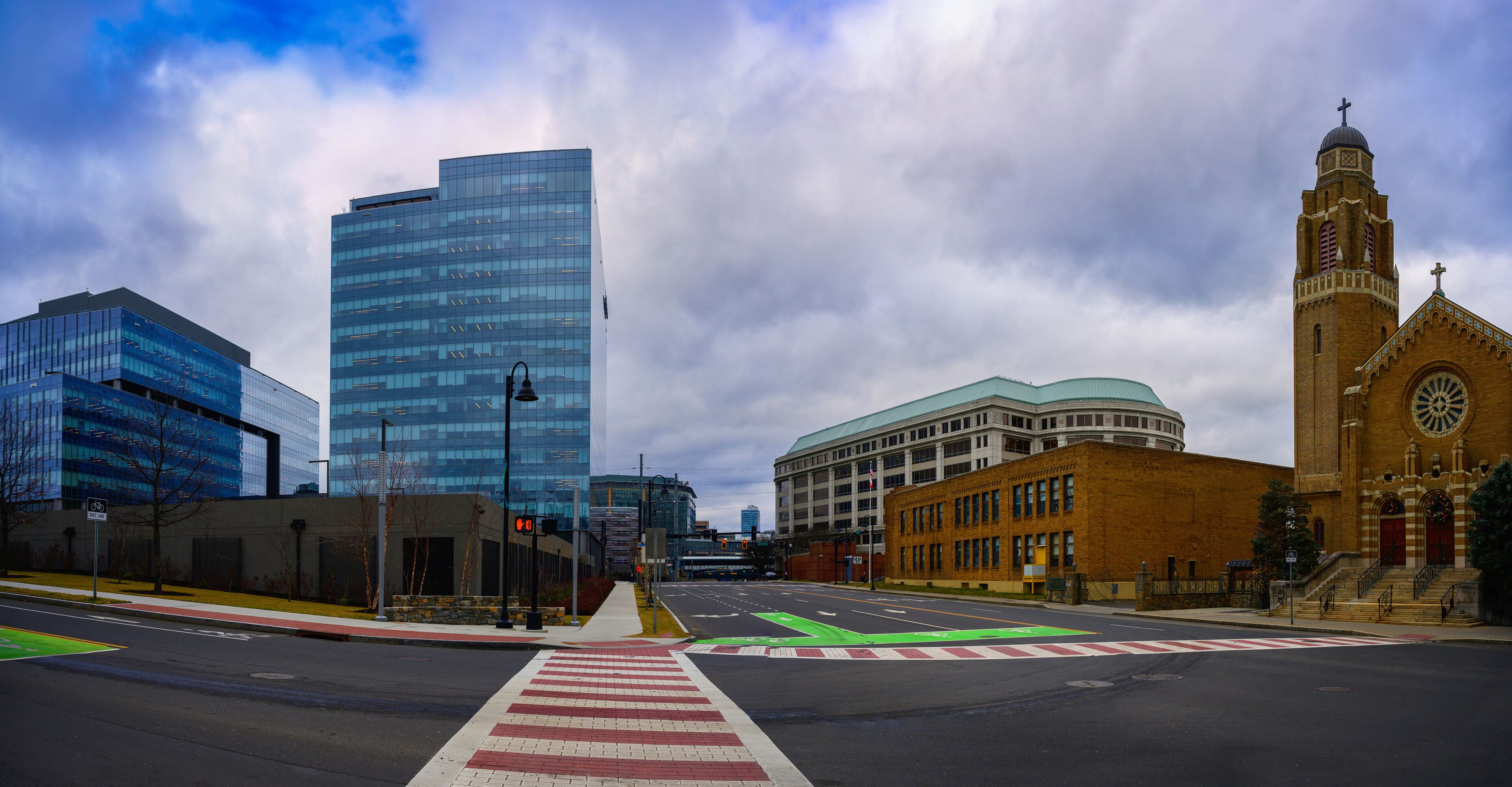 Stamford City Skyline, skyscrapers, and church buildings in Connecticut, modern metropolitan street landscape with business and cultural landmark architectures in New England of America
