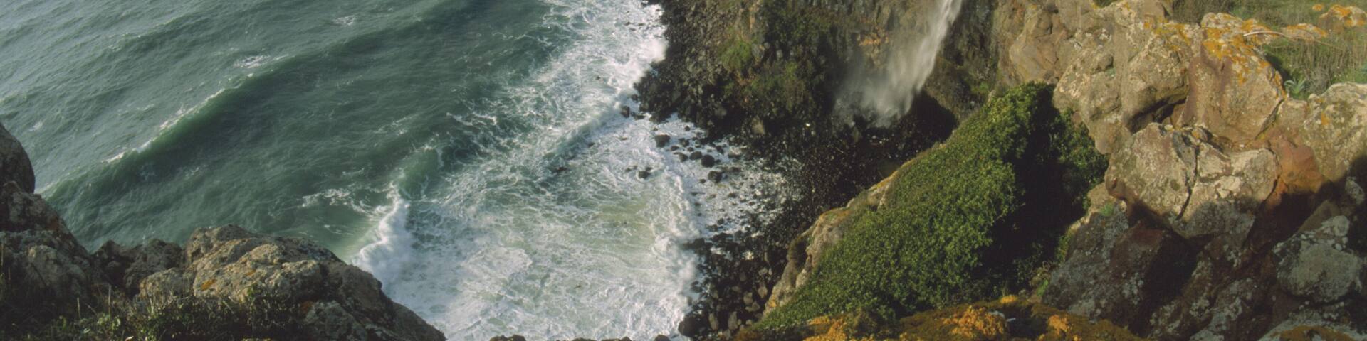 A coastal cliff with a waterfall, ocean waves, and rocky terrain.