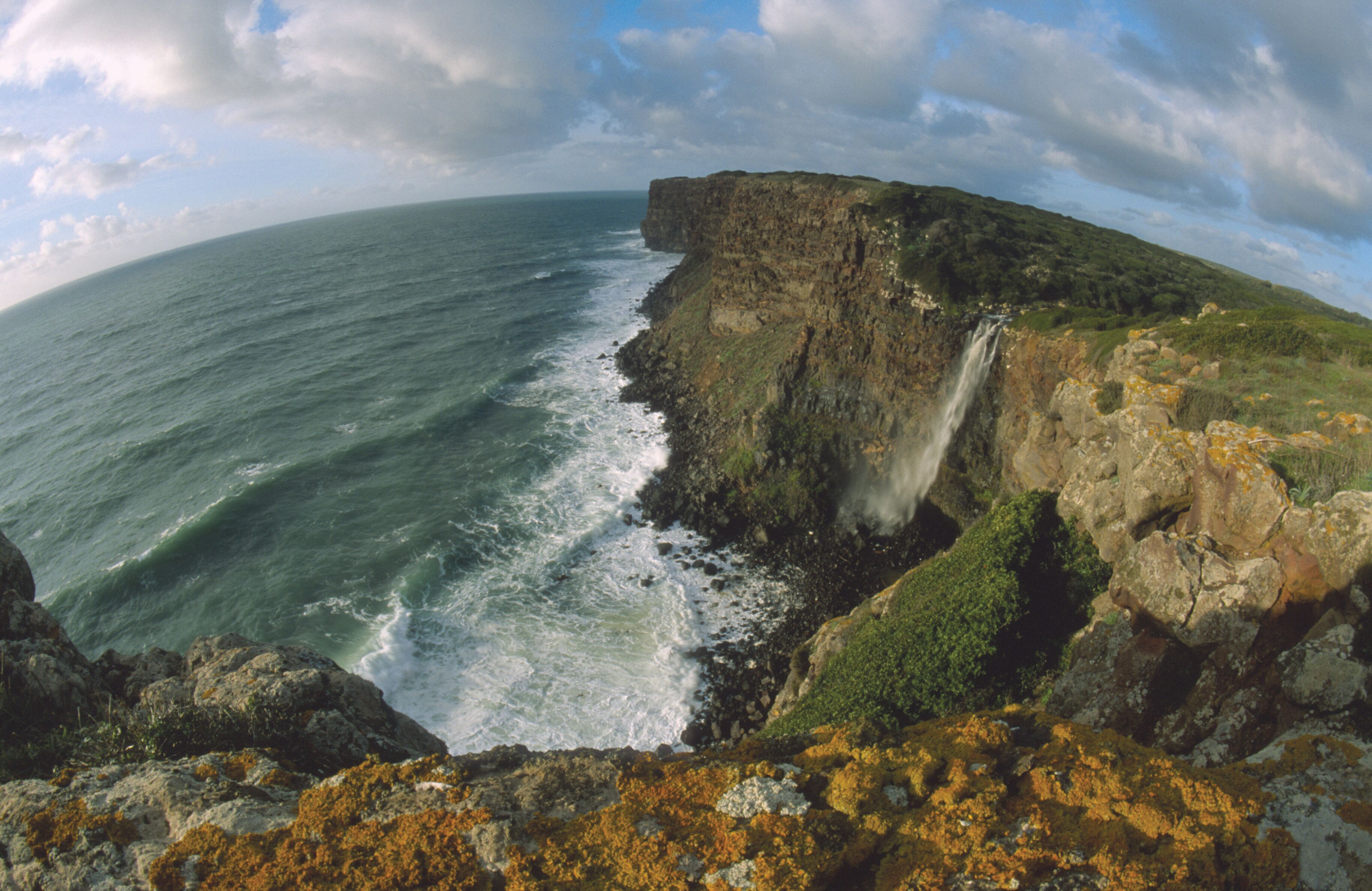 A coastal cliff with a waterfall, ocean waves, and rocky terrain.