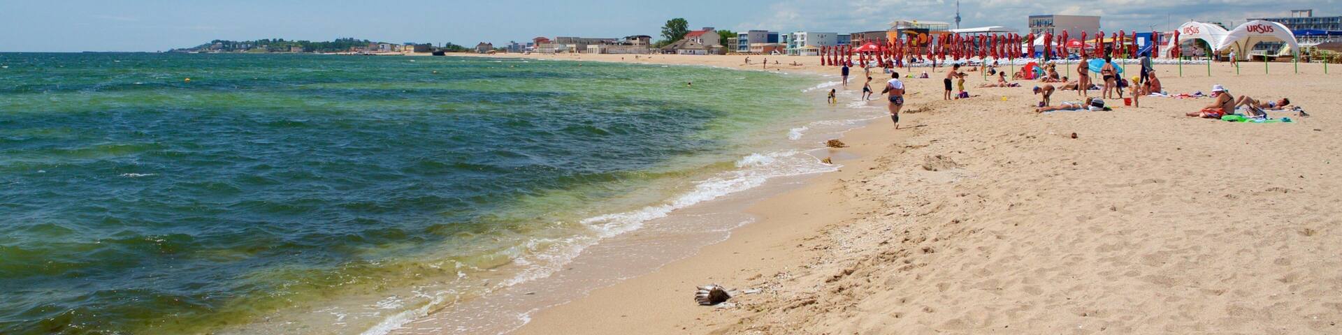 Eforie qui includes vues littorales et plage de sable
