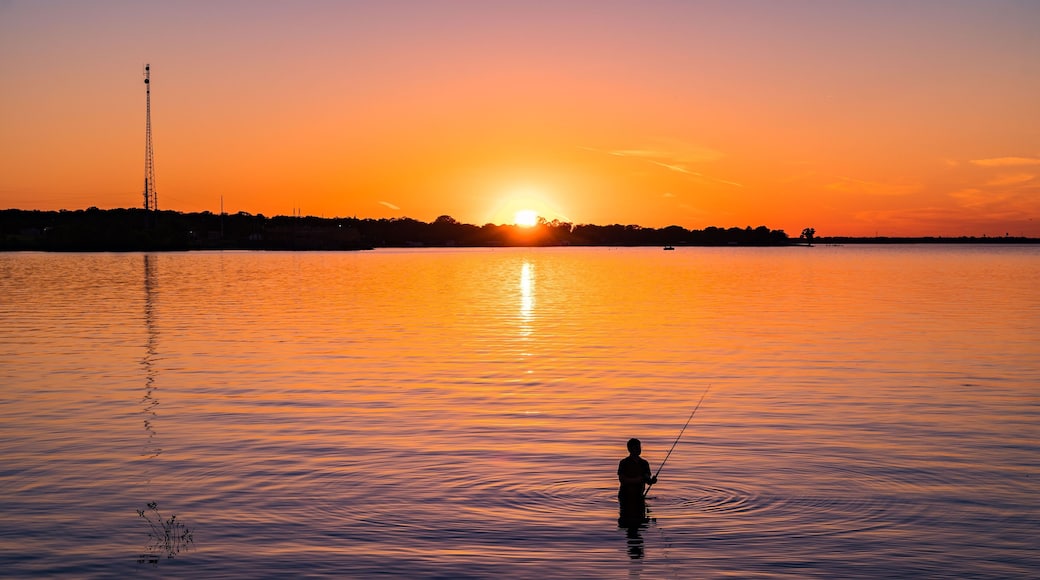 Silhouette of a man fishing at sunset at Lake Tawakoni State Park, Texas