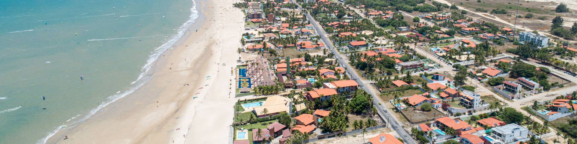 Cumbuco beach, famous place near Fortaleza, Ceara, Brazil. Aerial view. Cumbuco Beach full of kite surfers. Most popular places for kitesurfing in Brazil , the winds are good all over the year.