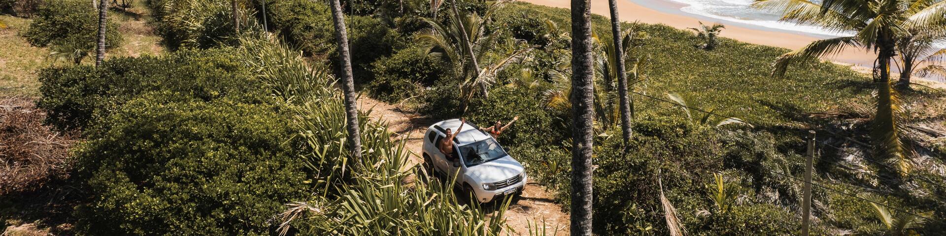 Panoramic aerial view of beaches and lagoon, with a car passing along the Bromeliad Trail, southern coast of Bahia, Maraú Peninsula, Barra Grande, beach with coconut trees, white sand
