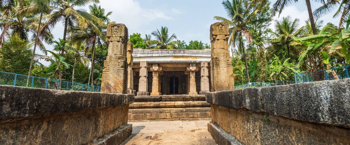 A stone temple entrance with steps leading up to it, surrounded by palm trees.