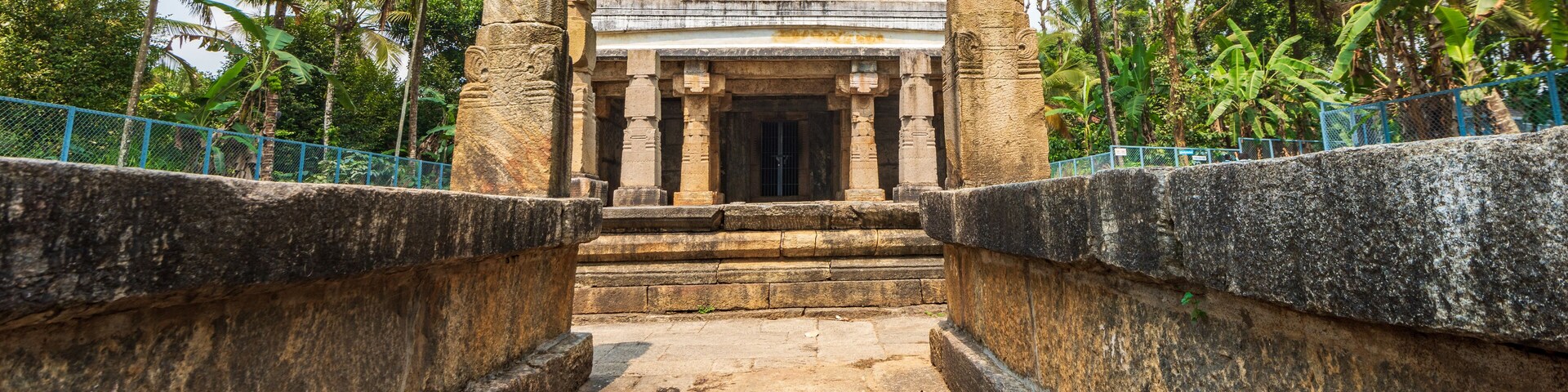 A stone temple entrance with steps leading up to it, surrounded by palm trees.