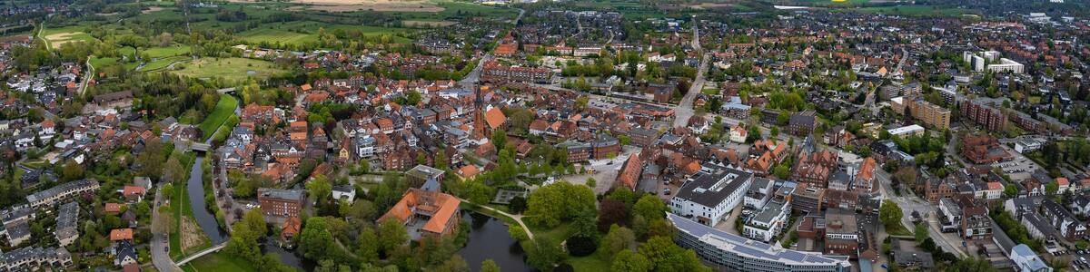 Aerial panoramic view of the old town city Winsen in Germany, on a sunny spring day