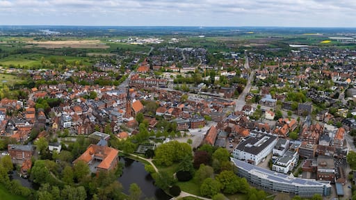 Aerial panoramic view of the old town city Winsen in Germany, on a sunny spring day
