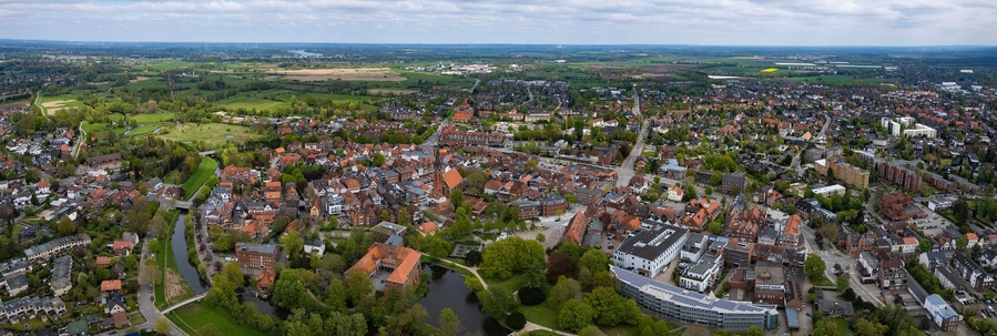 Aerial panoramic view of the old town city Winsen in Germany, on a sunny spring day
