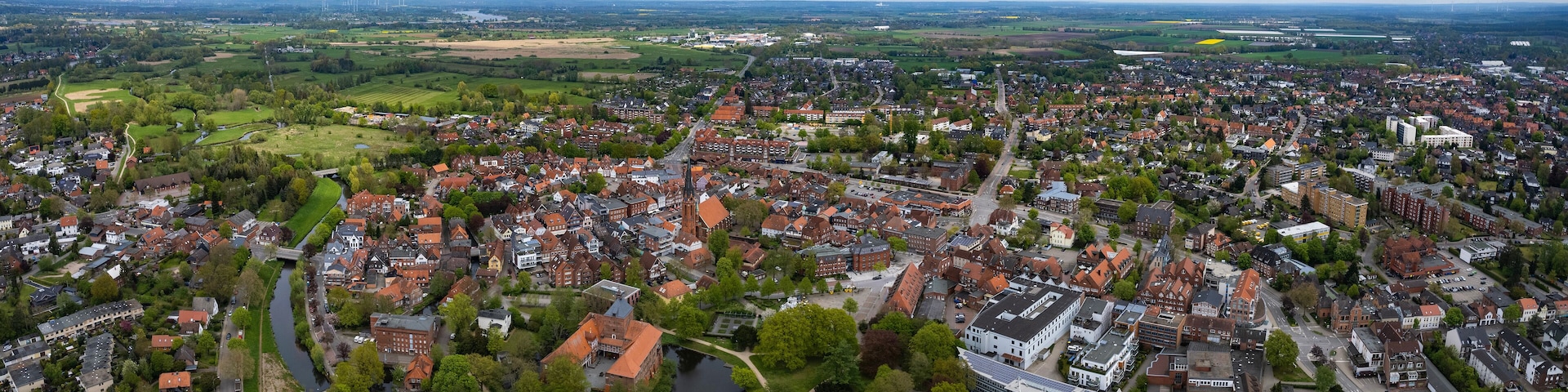 Aerial panoramic view of the old town city Winsen in Germany, on a sunny spring day