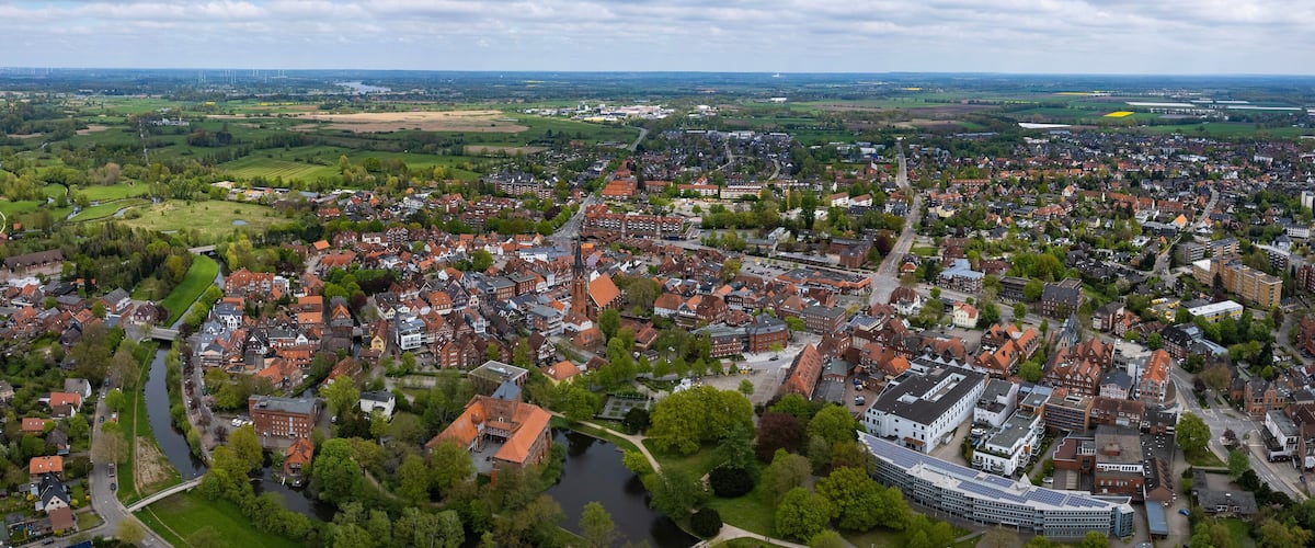 A densely populated urban area with a river running through it.