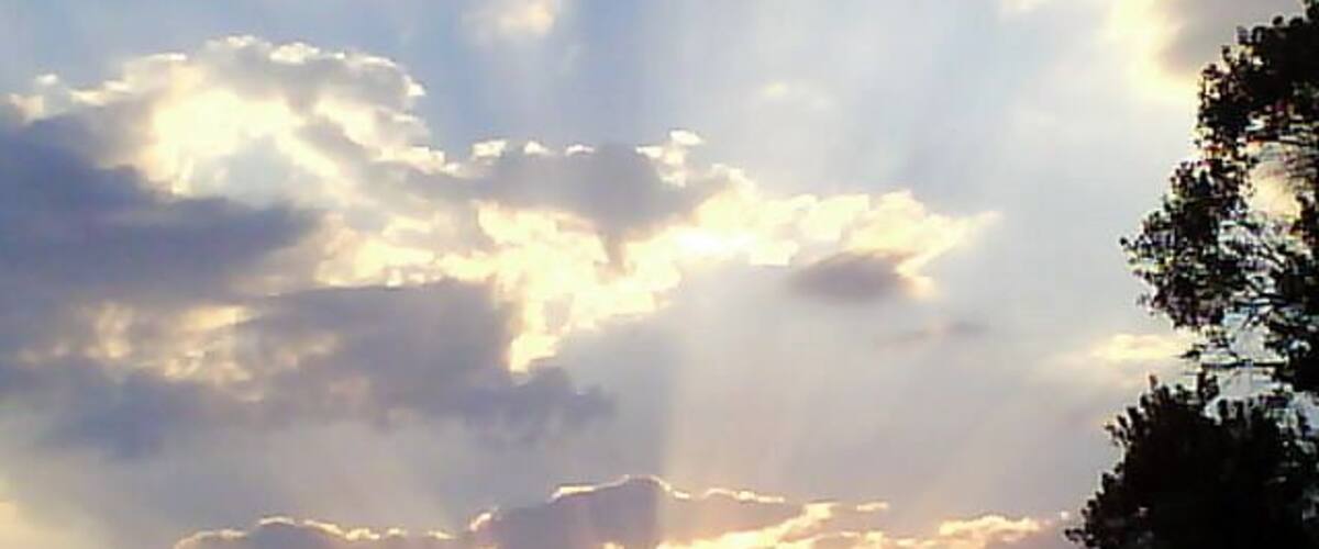 A sunset with clouds and silhouettes of trees.