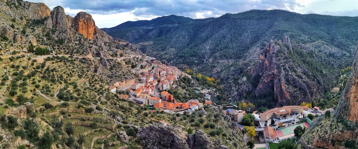 Panoramic view of Ayna, population of the Sierra del Segura in Albacete Spain. Village located between the mountains and the river world that makes an orchard for this fertile area