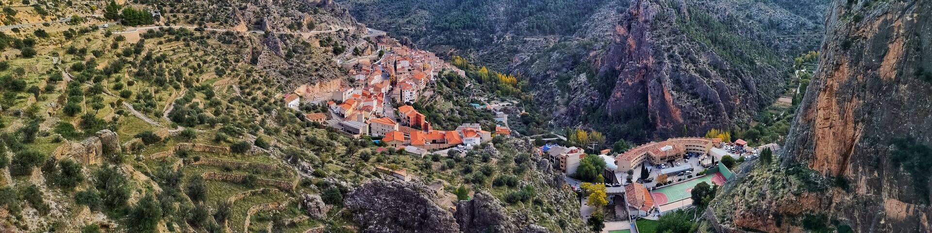 Panoramic view of Ayna, population of the Sierra del Segura in Albacete Spain. Village located between the mountains and the river world that makes an orchard for this fertile area