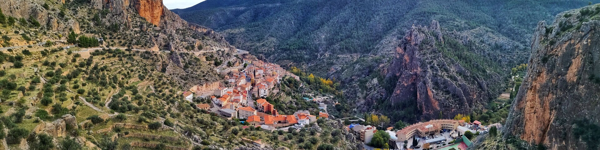 Panoramic view of Ayna, population of the Sierra del Segura in Albacete Spain. Village located between the mountains and the river world that makes an orchard for this fertile area