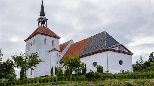 Nordborg Church with tower and Garden. In Sonderborg, Island Als, South Denmark.