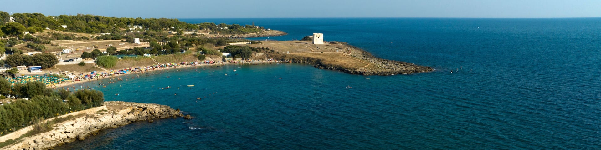 Aerial view of the gulf of Lido Gandoli in the municipality of Leporano, near Taranto, in Puglia, Italy.