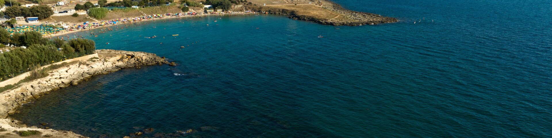 Aerial view of the gulf of Lido Gandoli in the municipality of Leporano, near Taranto, in Puglia, Italy.