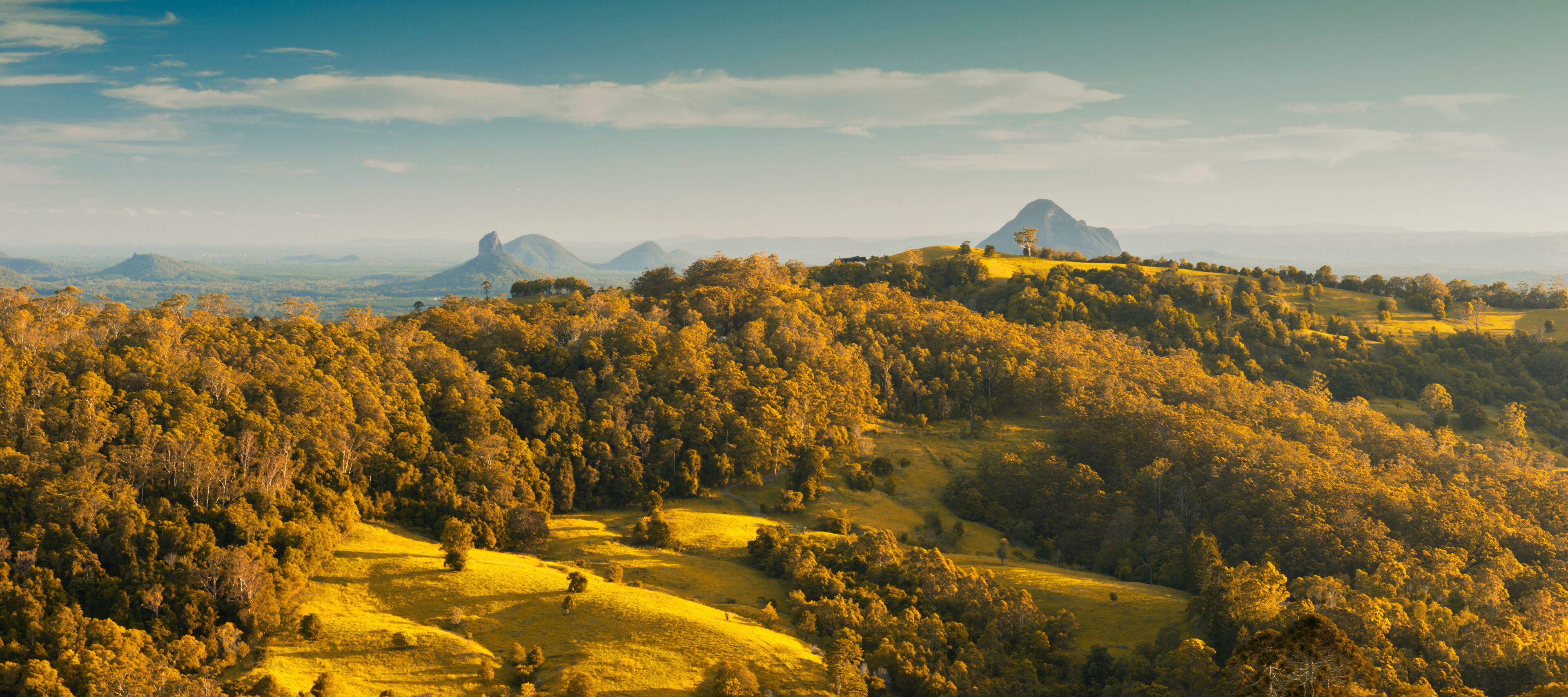 View of Mount Beerwah and countryside in the Glass House Mountains, Sunshine Coast.