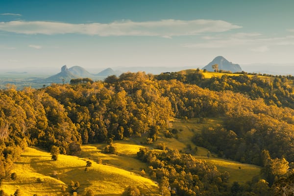View of Mount Beerwah and countryside in the Glass House Mountains, Sunshine Coast.