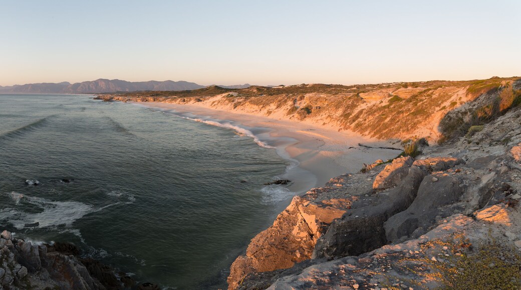 Wide angle panoramic view over the walker bay nature reserve along the overberg coastline in south africa