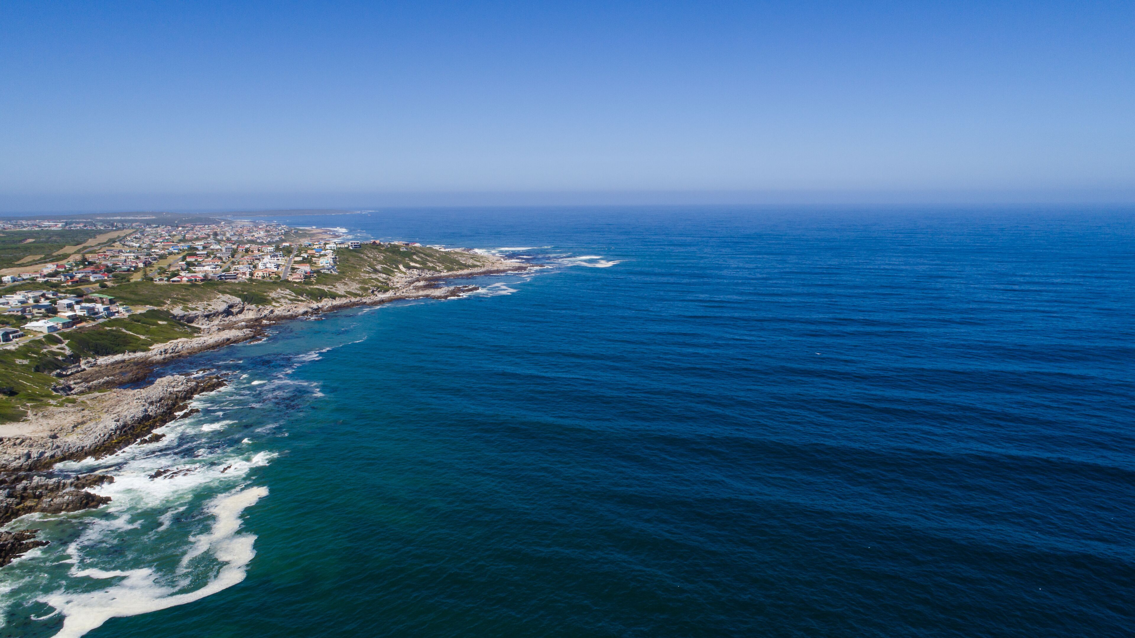 Aerial view over the rocks in the Walkerbay reserve in Gansbaai in the Western Cape of South Africa