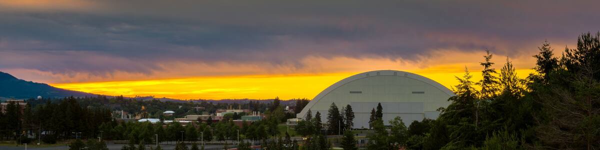 Dramatic sunrise over a football spors dome in Moscow Idaho