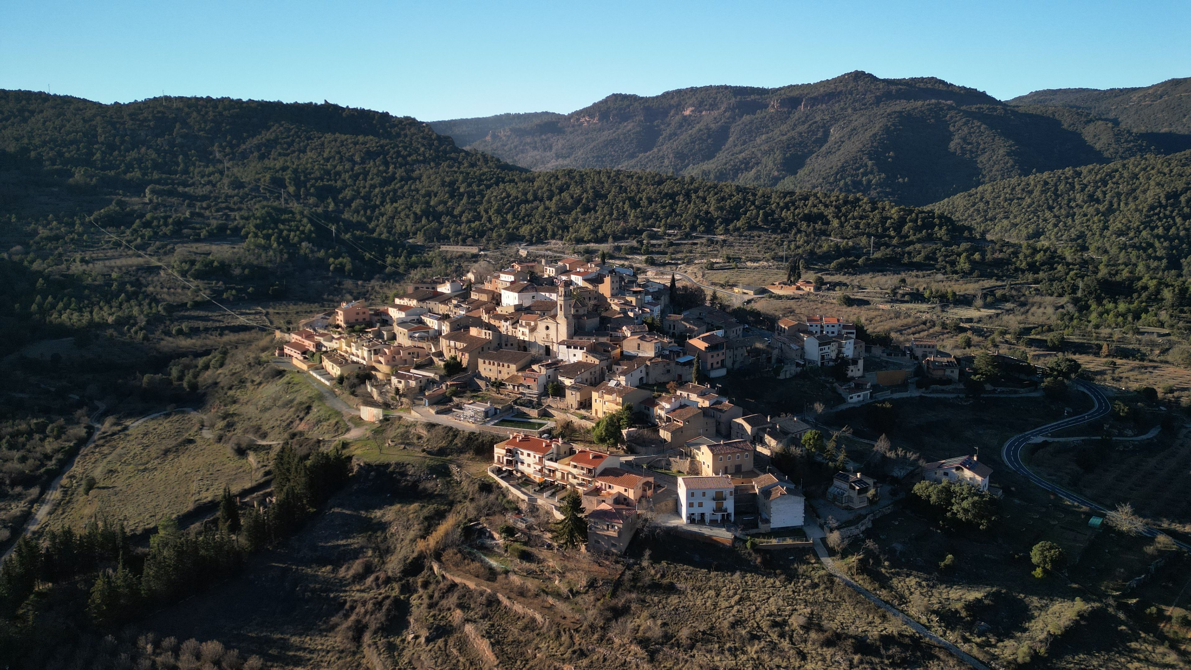 A mountainous village with dense forested hills in the background.