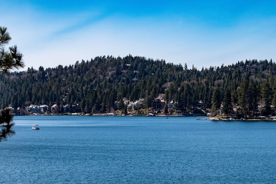 A calm lake with a boat, surrounded by dense forest and residential buildings on a hillside.
