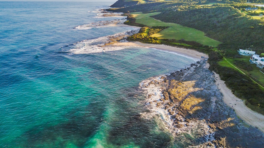 Aerial view of the bays and walking track along the Great Ocean Road at Marengo