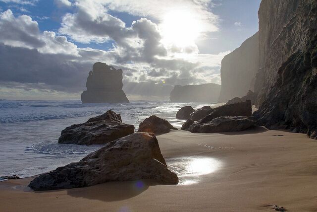 The Twelve Apostles in Victoria, Australia are several limestone stacks that are off the shore of Port Campbell National Park on the Great Ocean Road. The stacks were formed when the soft limestone cliffs were eroded by wind, rain and waves to form caves which became arches and finally the stacks that are up to 45 metres high.

#AquaTrove