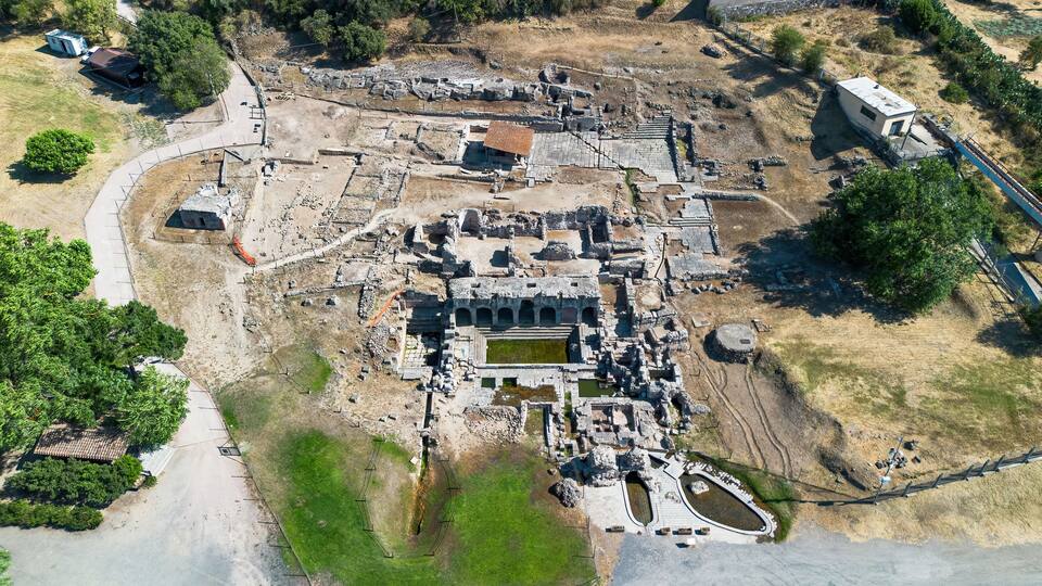 Aerial view of the Roman baths of Forum Trajani in Fordongianus on the Italian island of Sardinia in the Mediterranean Sea