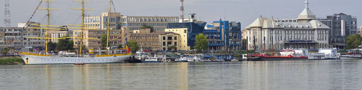 Galati, Romania - September 17, 2019. Brice Mircea Romanian Military Navy School Ship docked on Danube river