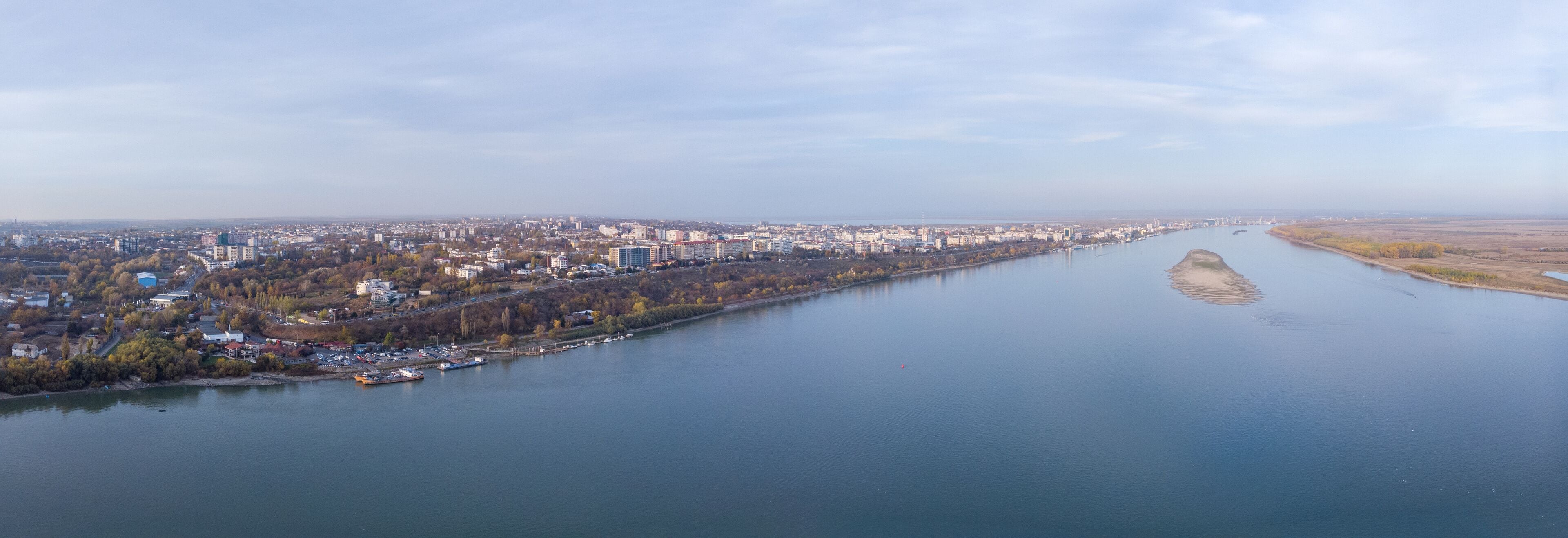 Aerial shot of Galati cityscape, Romania, at Danube River