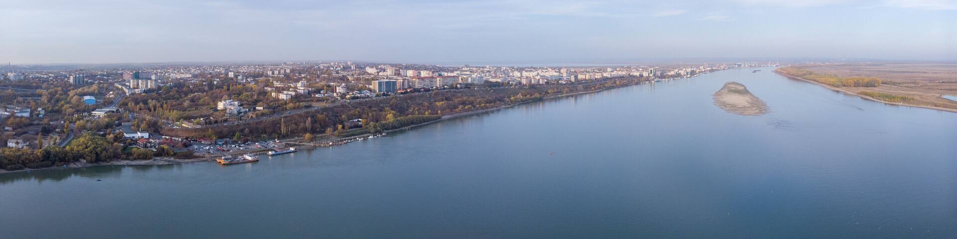 Aerial shot of Galati cityscape, Romania, at Danube River