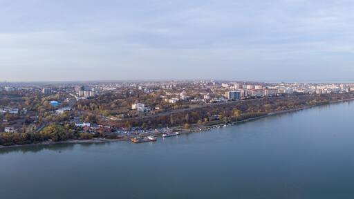 Aerial shot of Galati cityscape, Romania, at Danube River