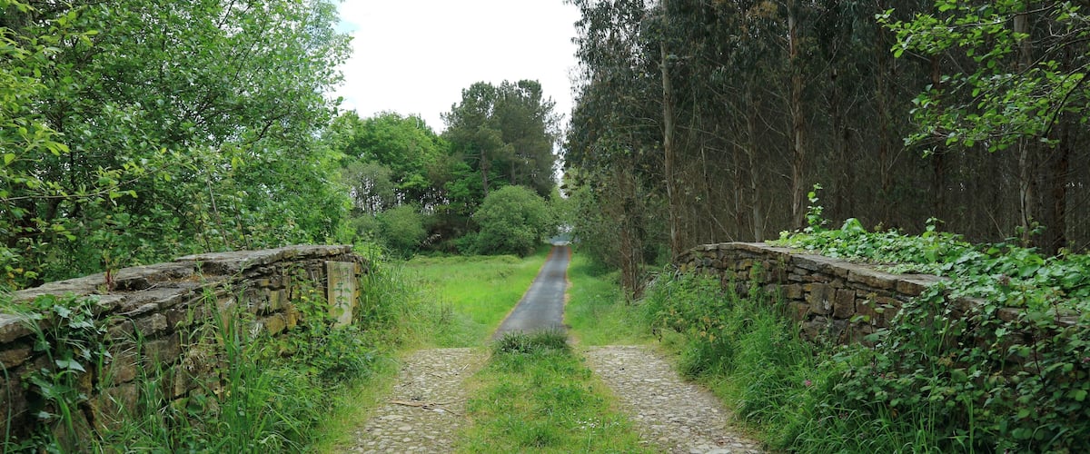 A narrow rural road flanked by stone walls and lush greenery.