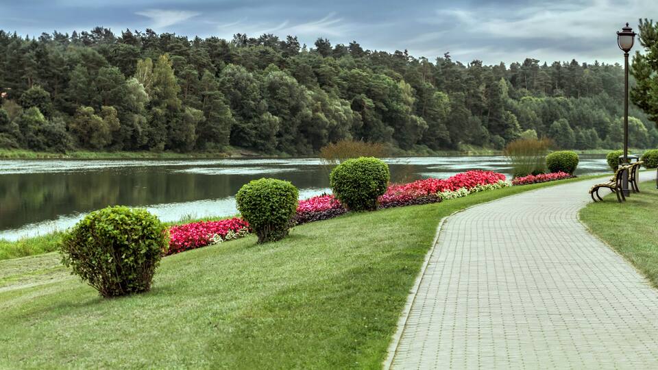 A paved pathway alongside a river, bordered by lush greenery and flowering plants.