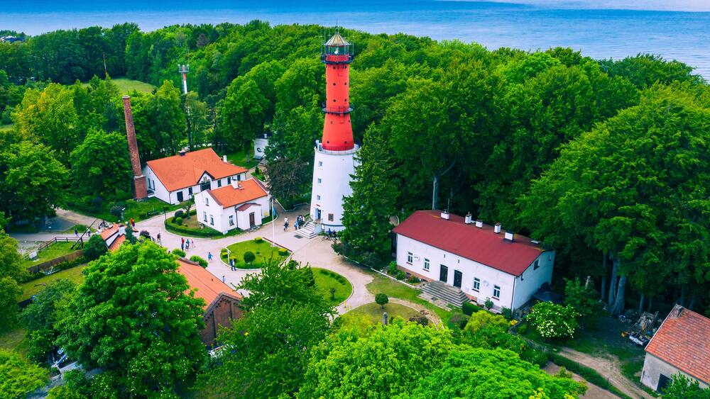 Aerial view of lighthouse in the small village of Rozewie on the Polish seashore of the Baltic Sea. Poland. Europe.