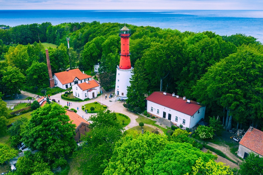 Aerial view of lighthouse in the small village of Rozewie on the Polish seashore of the Baltic Sea. Poland. Europe.