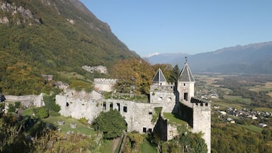 A castle on a hill overlooking a valley with fields and mountains in the background.