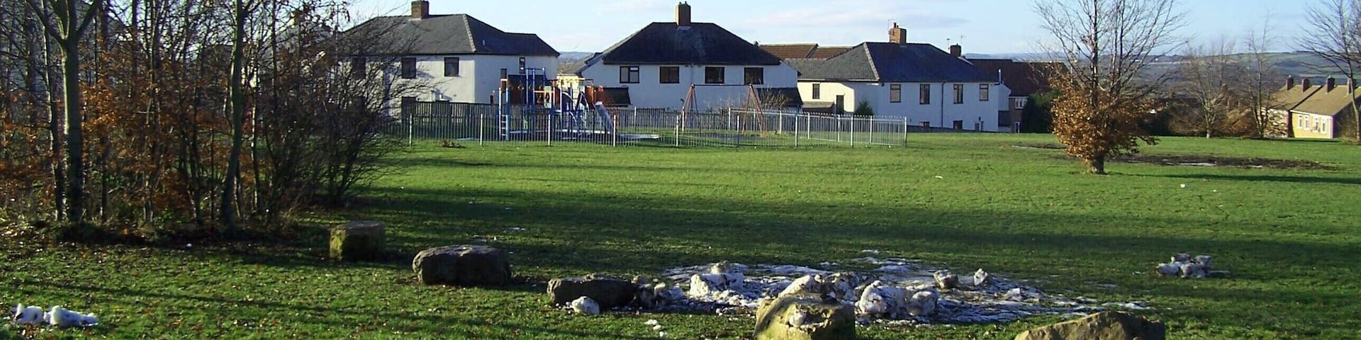 A grassy field with a playground, white houses, and a clear blue sky.
