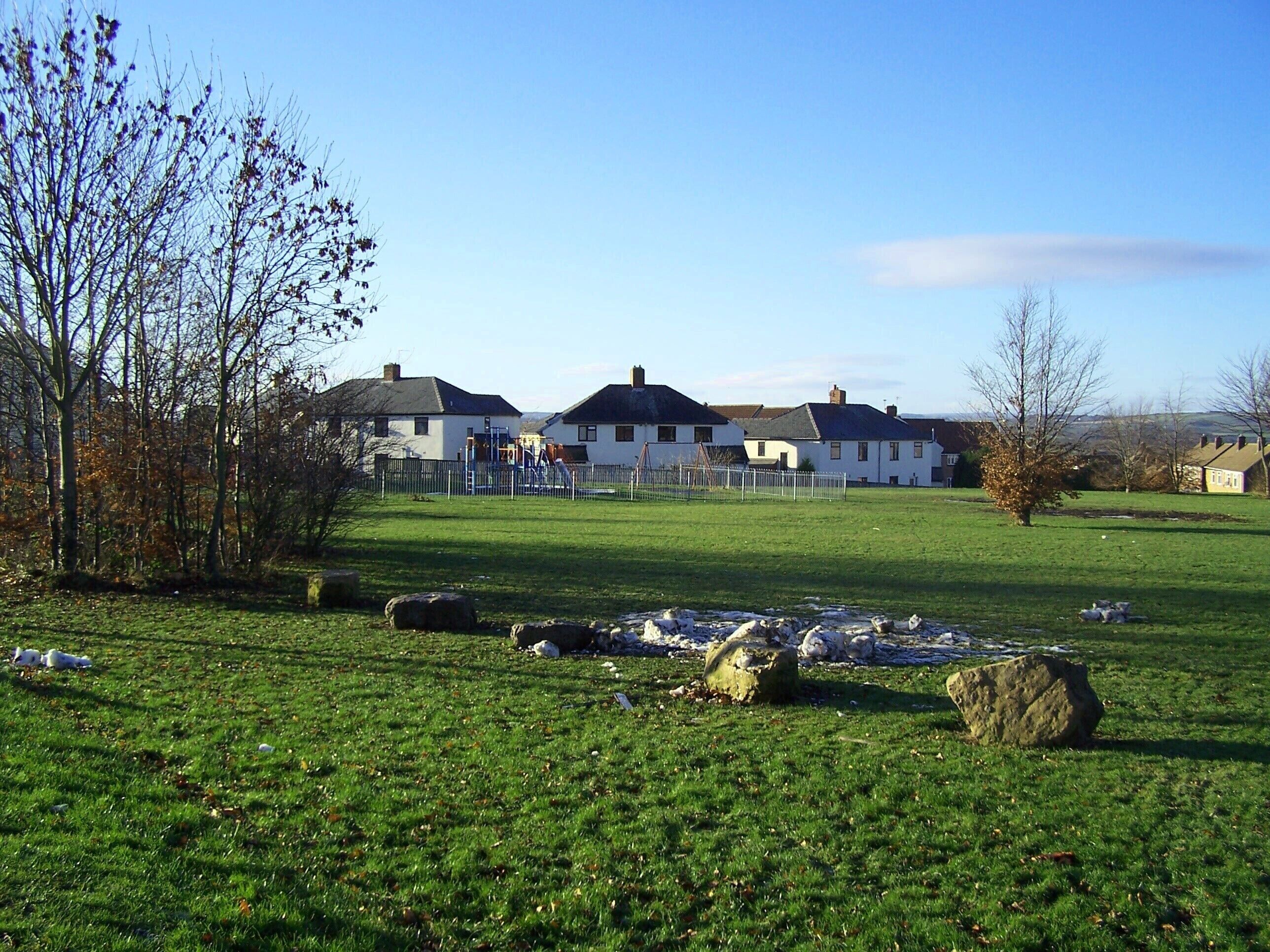 A grassy field with a playground, white houses, and a clear blue sky.