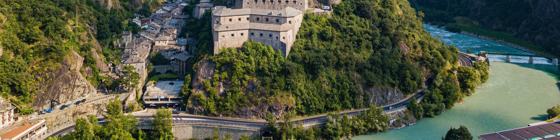 Aerial view of Fort of Bard, Aosta Valley, Italy
