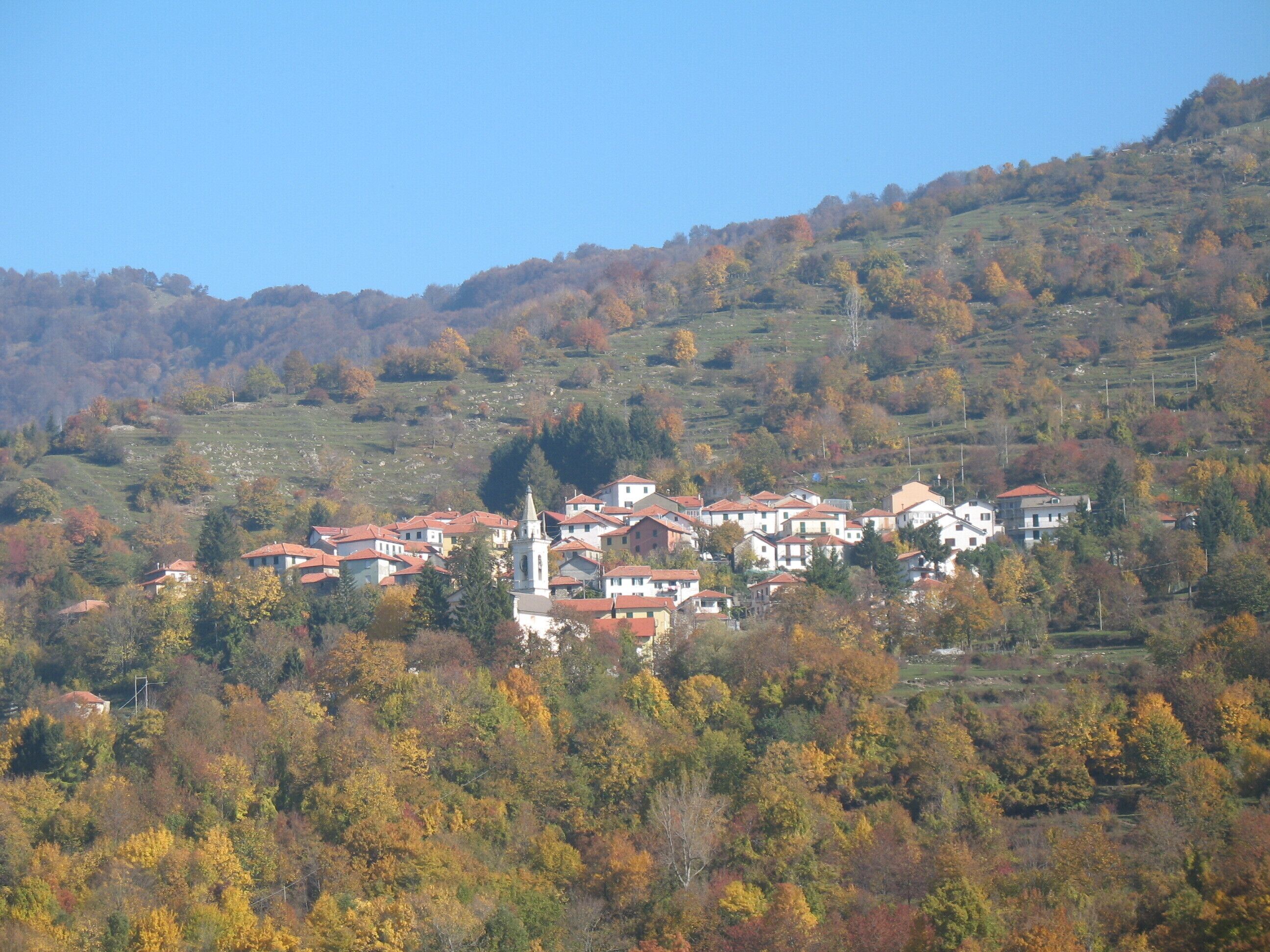 A village with red-roofed houses nestled in a valley surrounded by autumn-colored trees.
