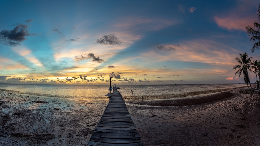 Sunrise on Pier in the Caribbean, Xcalak, Mexico