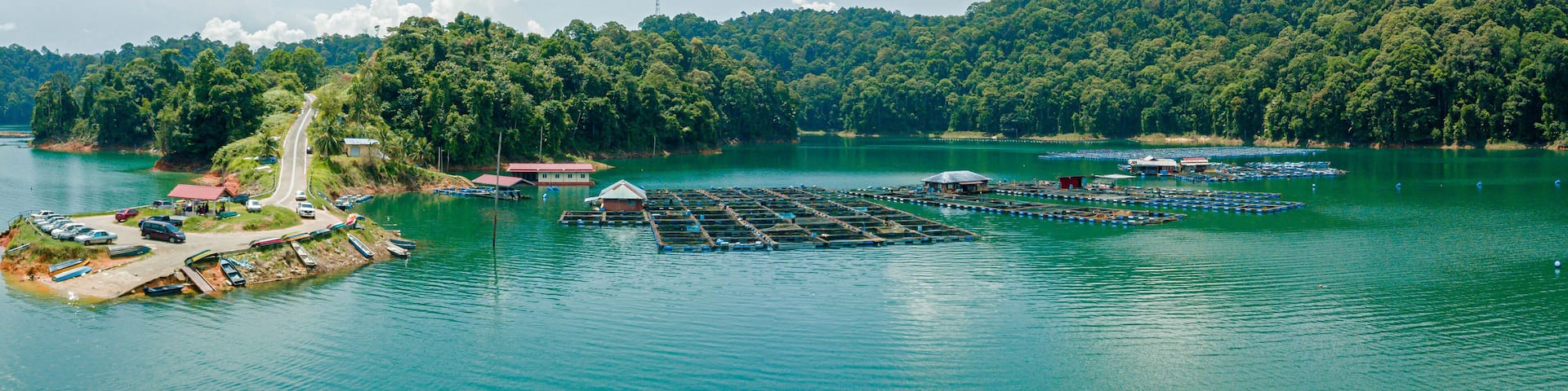 Aerial drone view of Kenyir Lake or Tasik Kenyir which is located at Kuala Berang in Hulu Terengganu, Terengganu, Malaysia